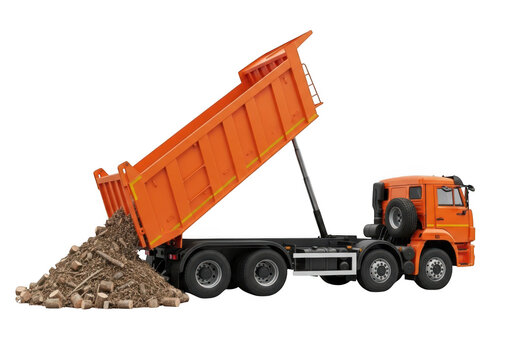 Orange tipper truck unloading bulk materials on a dark surface transparent background