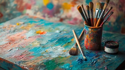 colorful office texture of messy artist desk with brushes and paints, soft ambient light, vivid saturation, productive feel
