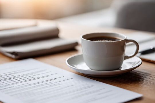 professionally arranged workspace featuring resume on clean desk with steaming cup of coffee