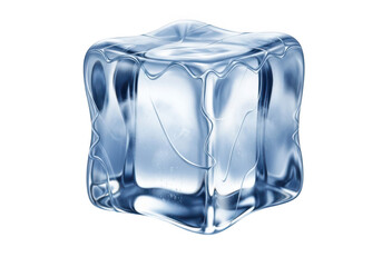 Crystal clear ice cube detailed macro shot reflecting light with abstract blue tones transparent background
