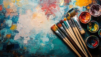artistic environment background of flat lay of art supplies in bright colors, morning sunlight, playful texture, expressive setting