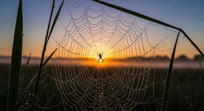 Spider web with dew drops at sunrise, silhouetted spider in the center of the intricate web.