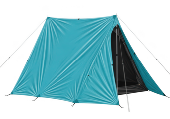 Light blue tent set up for camping adventure outdoors under open sky transparent background