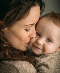 A realistic, intimate image of the same brunette mother gently kissing the forehead of her six-month-old fair-skinned smiling baby girl, both wearing neutral tones, set against a softly blurred backgr