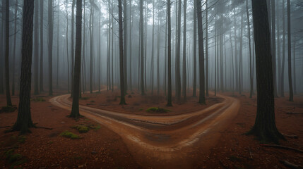 Obraz premium The scene depicts a misty, mysterious forest with tall, slender trees, reddish-brown soil, and green moss, with a single dirt path dividing into two winding roads.