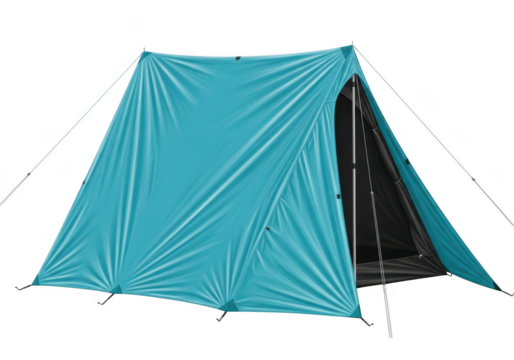 Light blue tent set up for camping adventure outdoors under open sky transparent background