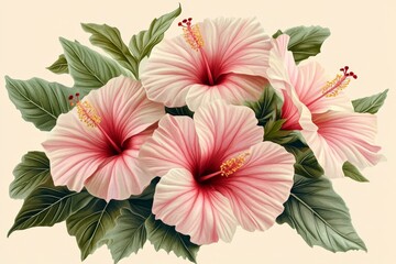 Obraz premium Delicate, pastel-colored hibiscus blossoms in a lush, detailed floral arrangement.