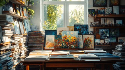 artistic environment background of art prints stacked beside sketchbooks, sunbeam through window, organized chaos, productive feel