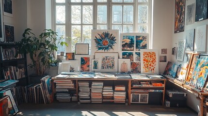 artistic environment background of art prints stacked beside sketchbooks, sunbeam through window, organized chaos, productive feel
