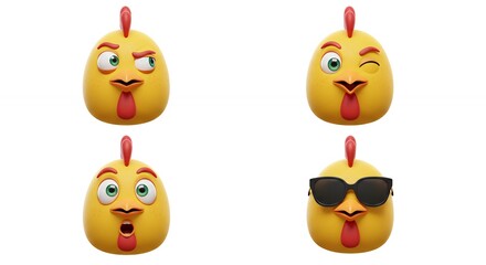 Four cartoon chicken heads with different expressions
