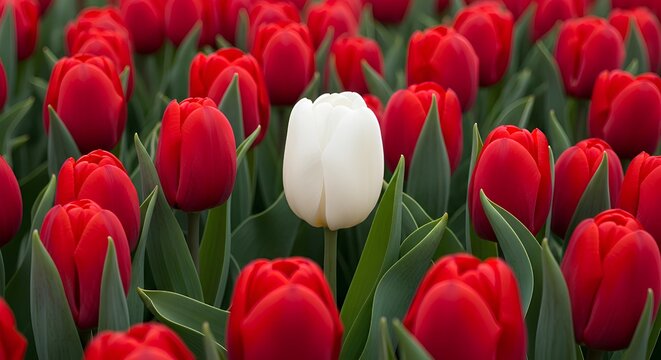Stand out from the crowd with this unique white tulip among vibrant red tulips, perfect for spring