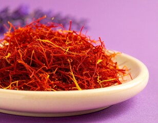 Naklejka premium Aromatic Saffron Threads in a Bowl with Lavender Accents on Violet Background
