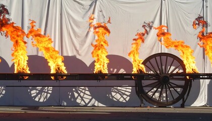 Fiery spectacle  Flames engulfing a cart's wheels, casting shadows