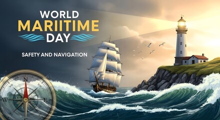 Poster-style artwork showing a lighthouse, a sailing ship, and a compass symbolizing safety and navigation for World Maritime Day