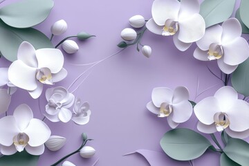 A delicate arrangement of white orchids and leaves, artfully rendered on a soft lavender background, showcasing a subtle, elegant mood.