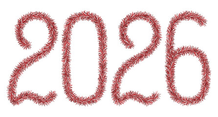 Tinsel. 2026. Lettering from festive Christmas decoration. Fluffy numbers. Red color. Vector illustration. Isolated white background. Cute plush message. Coming year. Rustling lettering. 