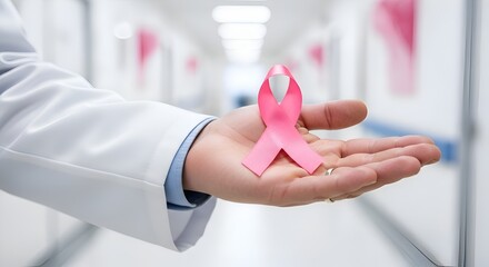 Doctors hand holding pink ribbon symbolizing breast cancer awareness month and international day against breast cancer global support and health campaign pink october