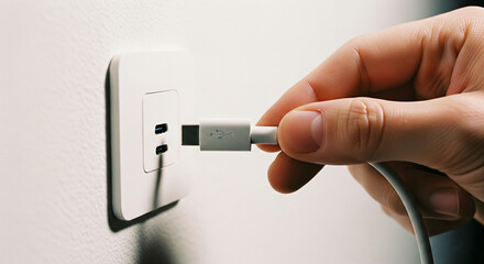 A close-up of a hand about to plug a white USB-C cable into a wall outlet with a built-in Type-C port, set against a clean white background.