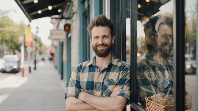Small business owner standing proudly outside shop
