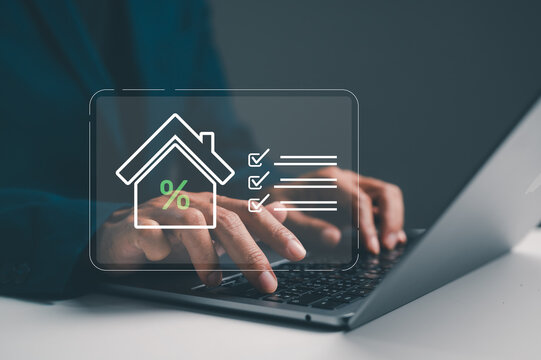 A person working on a laptop with an overlay of a house icon and checklist, suggesting real estate or home financing tasks.