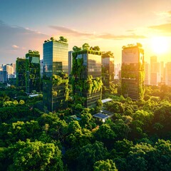 Obraz premium Sustainable City Skyline with Greenery-Covered Buildings at Sunrise.