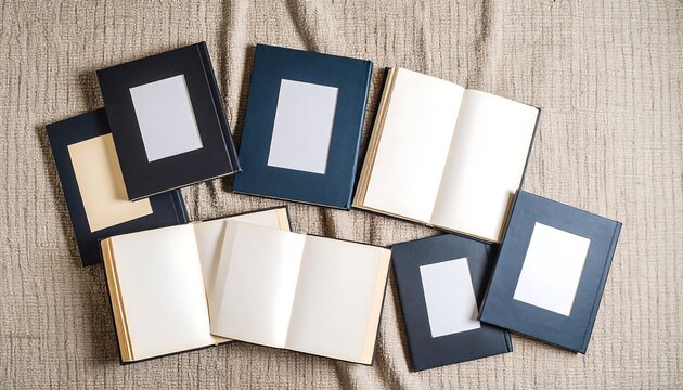 Blank hardcover books arranged on a textured surface, showcasing potential for creativity and personalization in storytelling