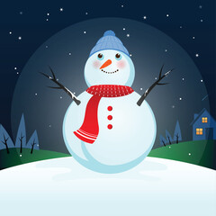 Cheerful snowman illustration wearing a red scarf and blue hat, standing in snowy landscape at night with stars, trees, and a cozy house glowing in the background. Perfect for winter themes.