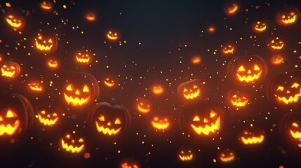Obraz premium Scary Halloween Pumpkins with Glowing Faces in Dark Night with Flying Sparks and Spooky Atmosphere