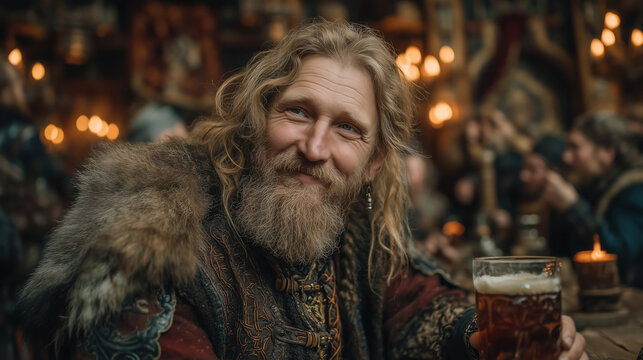 Medieval tavern filled with lively characters sharing stories and drinks during a festive evening