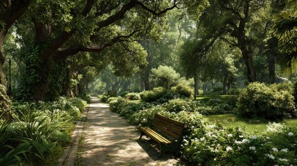 Sunlit Garden Path with Bench