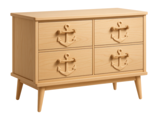 A nautical-themed children's dresser with rope handles and anchor motifs, suitable for a beach house children's room.
