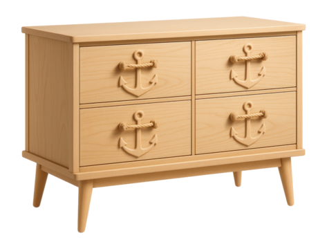 A nautical-themed children's dresser with rope handles and anchor motifs, suitable for a beach house children's room.