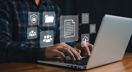 Man types on laptop surrounded by digital document management icons