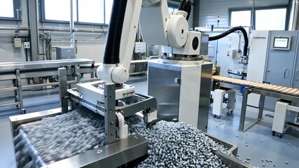 Advanced Robotic Arm Sorting Capsules in Pharmaceutical Manufacturing Facility - Powered by Adobe