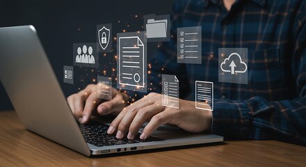 Man uses laptop for document management and cloud computing