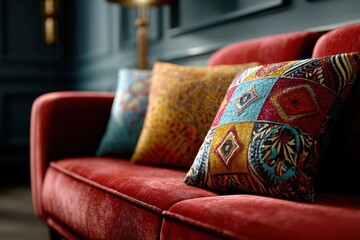 A red velvet couch adorned with decorative pillows in a dimly lit living room setting indoors