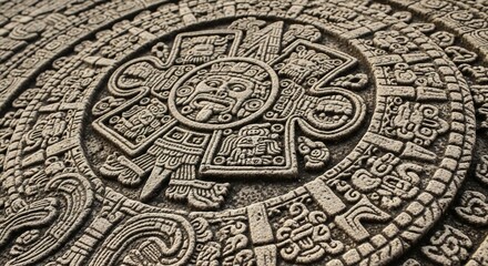 Intricate Mayan Carvings on a Stone Disc Detailed Closeup.