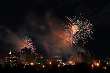 Spectacular fireworks illuminate city skyline during vibrant holiday celebration, creating a magical, memorable night perfect for festive events