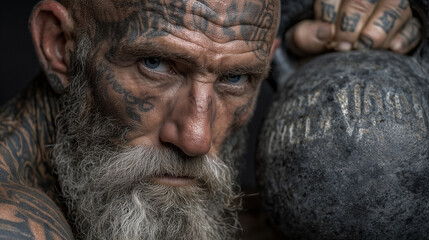 Fototapeta na wymiar Viking-inspired athlete showcasing strength and determination during a lifting session