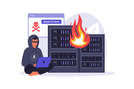 Hacker Launching a DDoS Attack on Server Illustration. Vector Flat Illustration