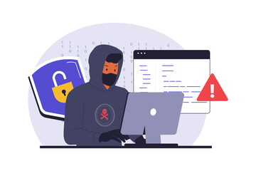 Hacker Breaking into a System with Code Illustration. Vector Flat Illustration