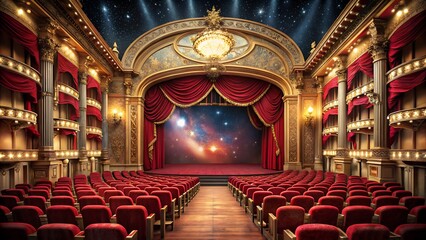 An opulent theater interior showcasing rows of red seats, ornate balconies, and a grand stage, ready to host a spectacular performance and unforgettable show