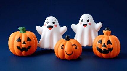 Group of four Halloween themed decorations including two smiling ghosts and three carved pumpkins on dark blue background