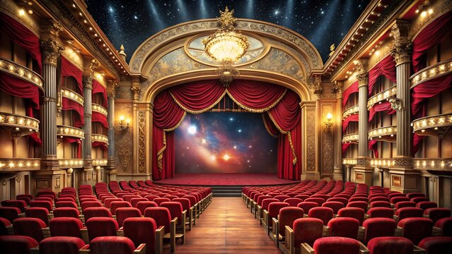 An opulent theater interior showcasing rows of red seats, ornate balconies, and a grand stage, ready to host a spectacular performance and unforgettable show - Powered by Adobe