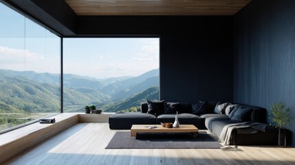 Fototapeta premium Modern minimalist living room with mountain views
