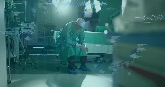 Surgeon bowing head experiencing digital overlays fading in and analyzing patient data for surgery - Powered by Adobe