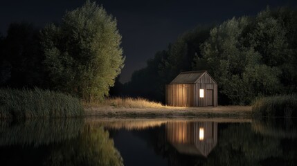 Fototapeta premium Cozy cabin by moonlit lake reflecting in still water at night