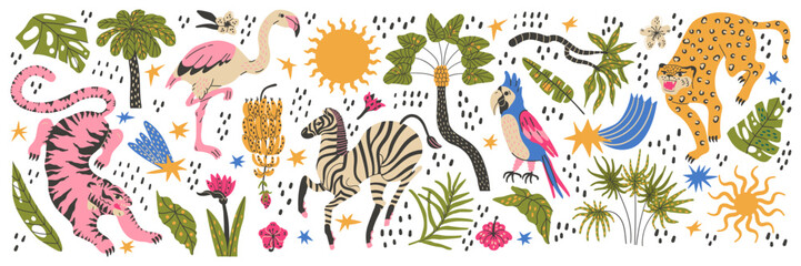 Funky tropic animal with leopard parrot and flamingo. Palm monstera leaves pattern.