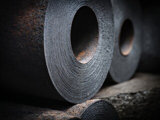 industrial abrasive sandpaper rolls dark background manufacturing supplies texture macro