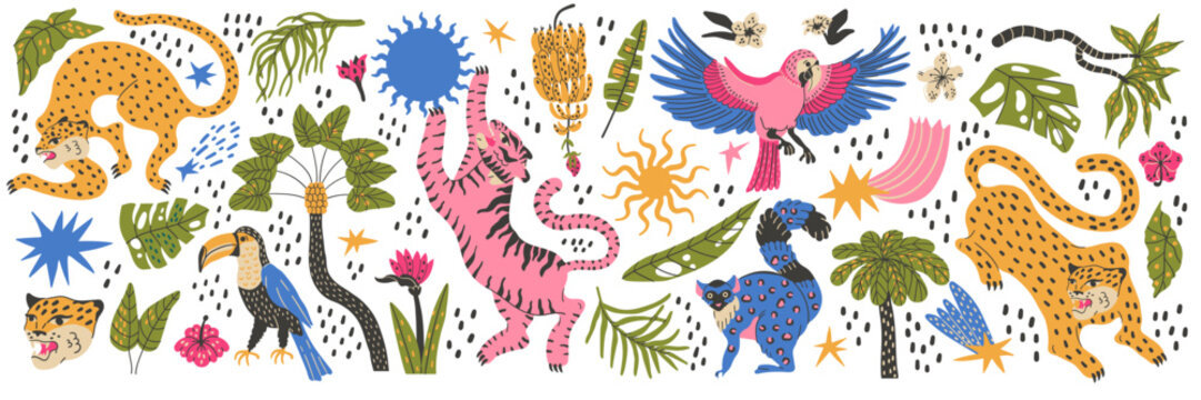 Tropic animal funky with leopard, toucan, tiger  and parrot. Palm monstera leaves.